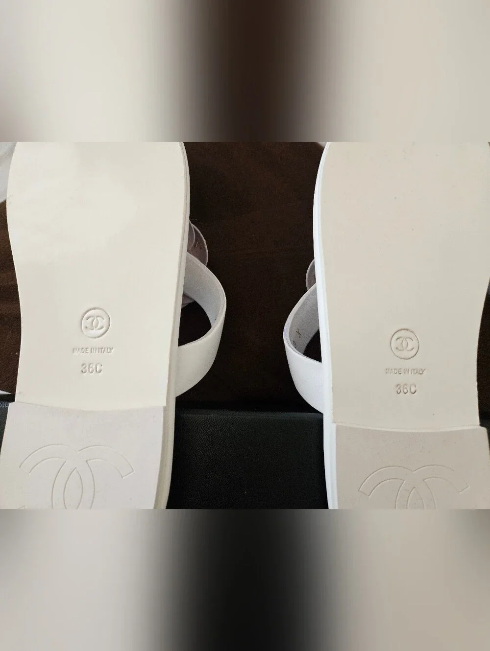 CHANEL White Camellia Leather Slide Sandals with Gold Eyelets